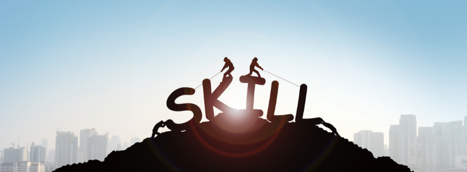 illustration de deux personnage qui titrent un mot "skill" en haut d'une montagne